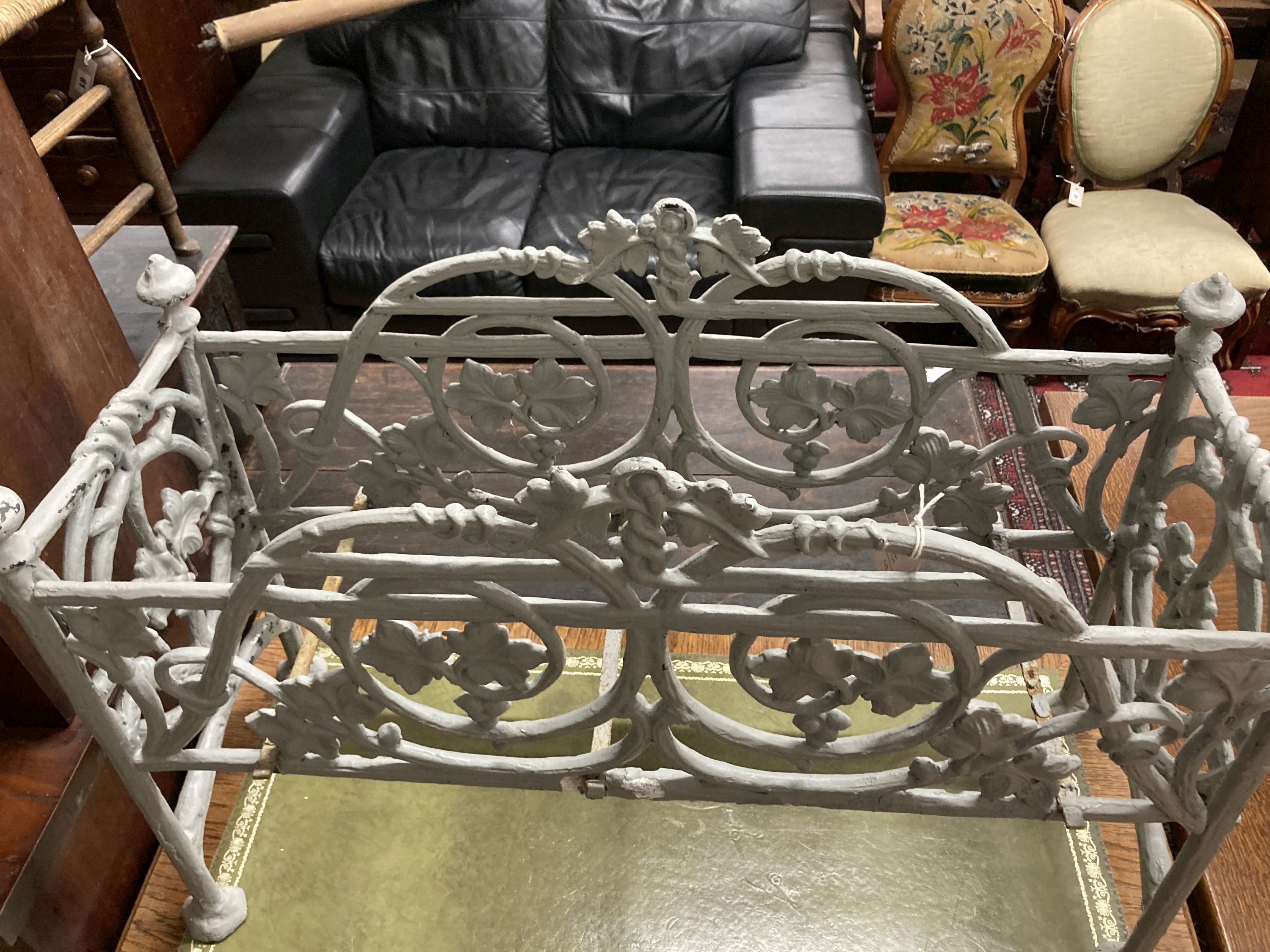 A Victorian style painted cast metal rectangular garden planter frame, width 90cm, depth 32cm, height 64cm